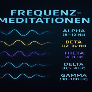 May include: A dark blue graphic with the text "FREQUENZ-MEDITATIONEN" in light blue. Below, it lists brainwave frequencies: Alpha (8-12 Hz), Beta (12-30 Hz), Theta (4-8 Hz), Delta (0.5-4 Hz), and Gamma (30-100 Hz).