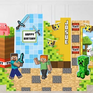 Gamer Birthday Party Decorations – Pixel Block Theme Backdrop with TNT & Creeper