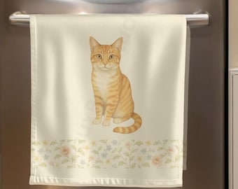 Orange Tabby Cat Kitchen Towel, Cottage Cat Tea Towel, Cat Lover Gift, Floral Kitchen Decor, Cat Decoration, Cotton Twill Towel, Mom Gift