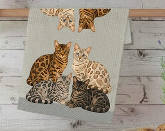 Bengal Cat Tea Towel, Cottage Kitchen Decor, Faux Patchwork Cat Kitchen Towel, Cat Lover Gift, Farmhouse Dish Towel, Quilted Cat Art