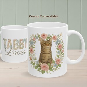 Brown Tabby Cat Mug, Floral Patchwork Cat Lover Gift, Cottagecore Cat Mom Mug, Custom Cat Mug, Personalized Pet Gift, 11oz 15oz