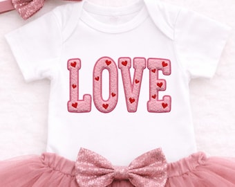 LOVE Embroidered Appliqué PNG | Valentine Heart Patch Style Design | Baby Toddler Shirt Graphic | Pink Embroidery Letters | Sublimation PNG