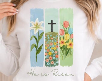 He Is Risen PNG, Christian Easter Floral Design with Cross, Faith Easter Shirt Graphic, Sublimation & Printable PNG