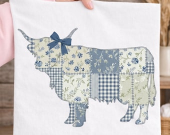 Patchwork Highland Cow PNG, Farmhouse Cow Clipart, Blue Cottagecore Cow, Quilt Style Cow PNG, Instant Download