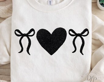 Black Bow Heart PNG, Coquette Heart Clipart, Valentine Embroidered Design, Trendy Aesthetic PNG