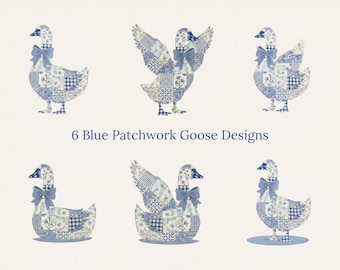 Patchwork Goose PNG Bundle, Farmhouse Goose Clipart Set, Blue Cottagecore Goose, Quilt Style Goose PNG, Instant Download