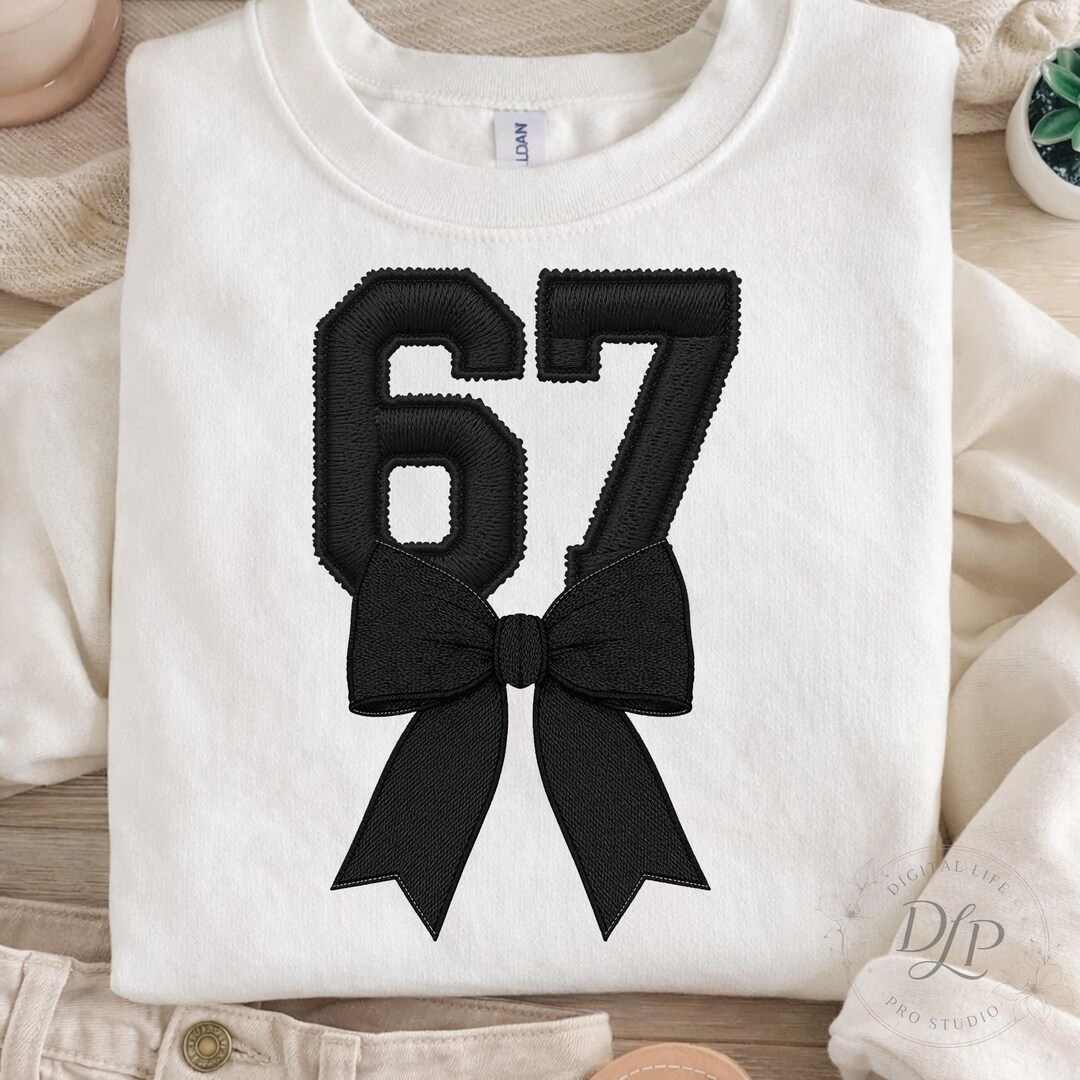Rusty Number 67 Embroidered Number 67 Patch PNG, Black Stitch Bow Clipart (digital ...