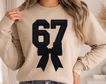 Black Bow Number 67 PNG, Embroidered Varsity Style, Elegant Trendy 67 Sublimation Design, Instant Download