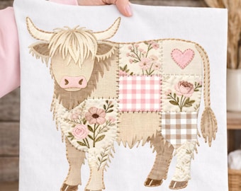 Patchwork Highland Cow PNG, Floral Fabric Cow Design, Cottagecore Farm Animal Graphic, Sublimation & Printable PNG