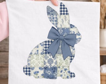 Patchwork Bunny PNG, Farmhouse Bunny Clipart, Blue Cottagecore Bunny, Quilt Style Bunny PNG, Instant Download