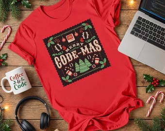 メリーコードマススタンプTシャツ、面白い開発者向けクリスマスギフト、コーディングホリデーTシャツ、プログラマーサンタシャツ、ダサいセータースタイル、レッドテックトップ