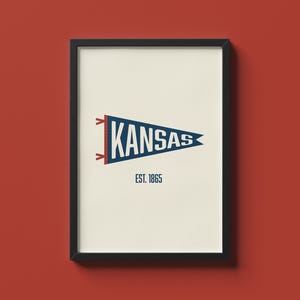 May include: Framed print featuring a blue pennant with the word "KANSAS" in white, and the text "EST. 1865". The pennant is set against a cream background, framed in black, and displayed on a red wall.