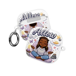 May include: White AirPod case with a cartoon illustration of a person meditating, surrounded by candles, butterflies, and hearts. The word "Allow" is written in cursive. Includes a silver carabiner clip.