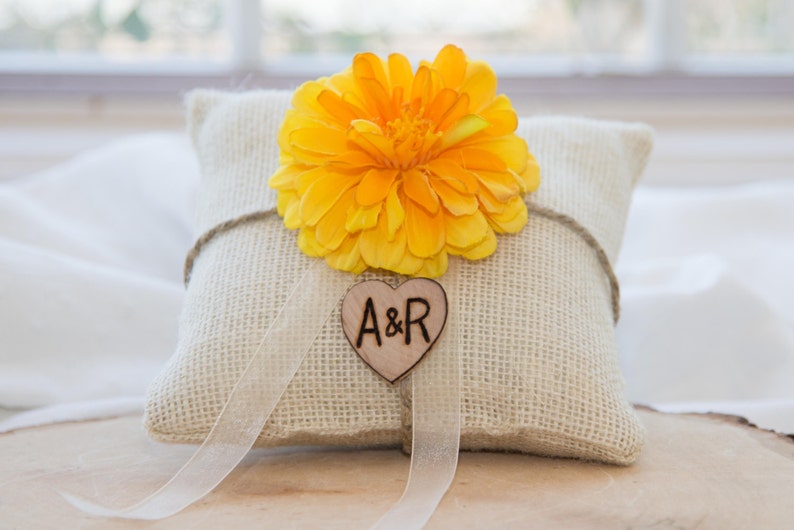 Yellow fower burlap personalized ivory ring bearer pillow shabby chic with engraved heart initials.. many more colors available