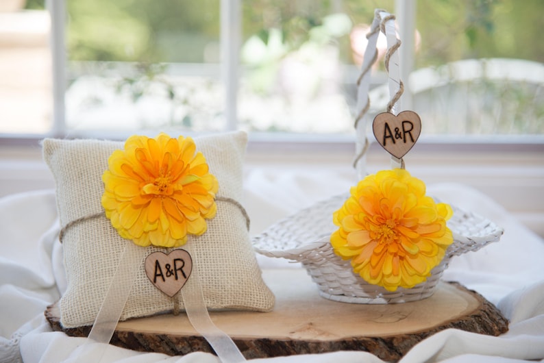 Yellow fower burlap personalized ivory ring bearer pillow shabby chic with engraved heart initials.. many more colors available