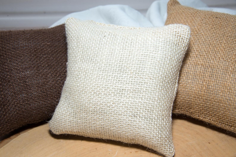 Yellow fower burlap personalized ivory ring bearer pillow shabby chic with engraved heart initials.. many more colors available