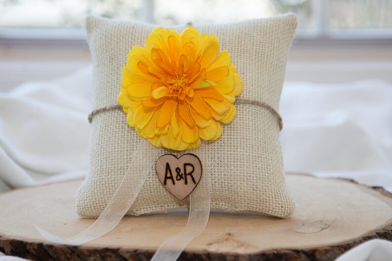 Yellow fower burlap personalized ivory ring bearer pillow shabby chic with engraved heart initials.. many more colors available