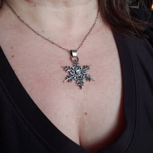 Silver snowflake pendant necklace with moonstone gem. Large Snowflake necklace Handmade collectors jewelry image 8