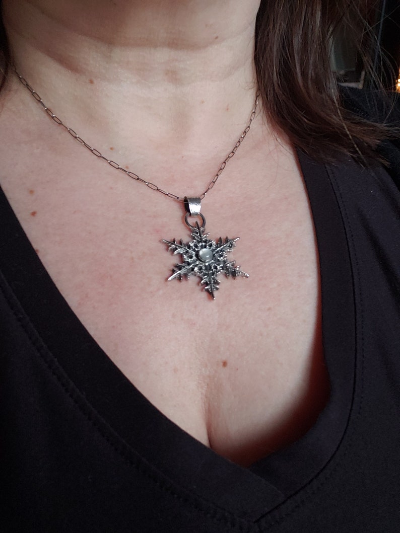 Silver snowflake pendant necklace with moonstone gem. Large Snowflake necklace Handmade collectors jewelry image 8