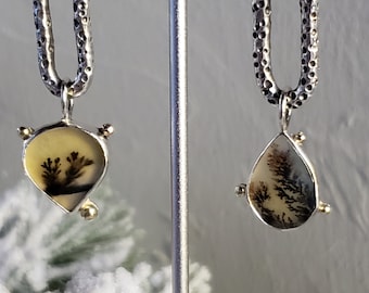 Dendritic agate asymmetrical earrings with textural silver link studs | Handmade metalsmith earrings