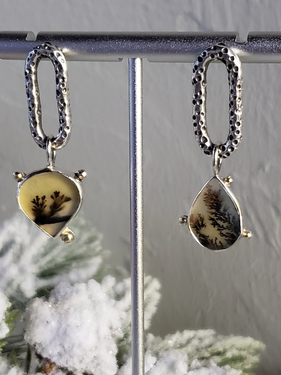 Dendritic agate asymmetrical earrings with textural silver link studs | Handmade metalsmith earrings
