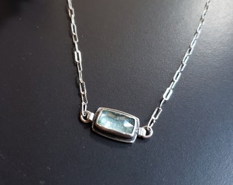 Aqua kyanite cushion cut stone silver necklace