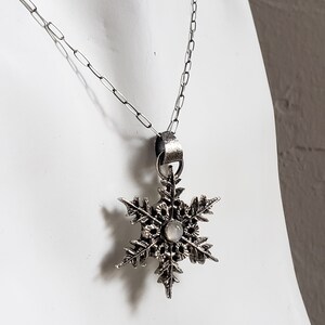 Silver snowflake pendant necklace with moonstone gem. Large Snowflake necklace Handmade collectors jewelry image 3