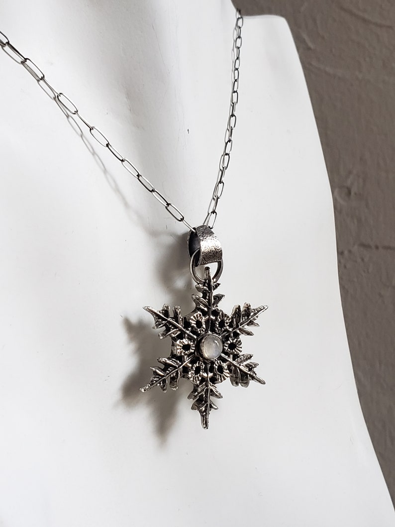Silver snowflake pendant necklace with moonstone gem. Large Snowflake necklace Handmade collectors jewelry image 3