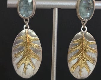 Aqua Kyanite Oak Leaf Earrings: 24k Gold Keum Boo, Sterling Silver