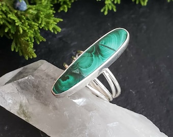 Malachite Dagger Ring in Sterling Silver With Multi wrapped band  | Handmade Art jewelry | Collector's Jewelry