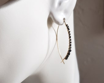 Raw Black Diamond Hoop Earrings – Gold Wire Hoops with Natural Diamonds, Minimalist Handmade Jewelry