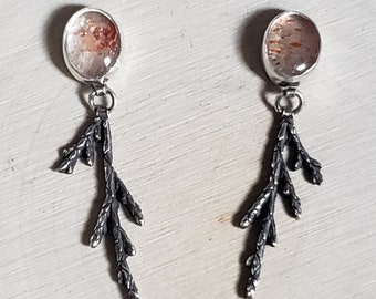 Sunstone Earrings with Nature-inspired Leaf Dangles | Handcrafted Silver Jewelry