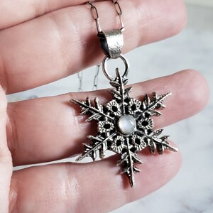 Silver snowflake pendant necklace with moonstone gem. Large Snowflake necklace Handmade collectors jewelry image 7