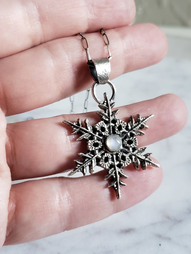 Silver snowflake pendant necklace with moonstone gem. Large Snowflake necklace Handmade collectors jewelry image 7