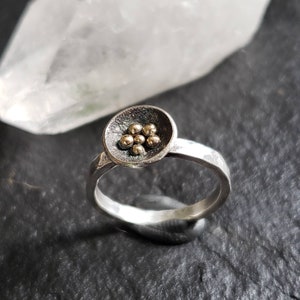 Silver modern nest ring with 18k gold dot accents size 10 resizing available | Collector&#39;s jewelry