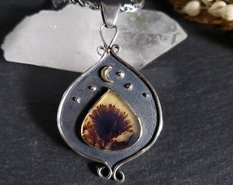 Dendritic agate statement pendant | Mixed metal 18K gold and silver pendant | Artisan silver and stone pendant