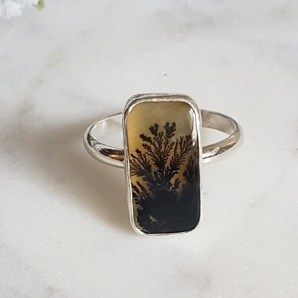 Dendritic agate and silver rectangular ring.