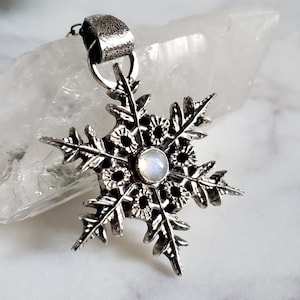 Silver snowflake pendant necklace with moonstone gem. Large Snowflake necklace Handmade collectors jewelry image 1