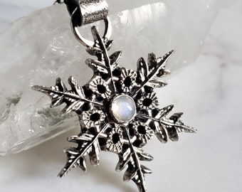 Silver snowflake pendant necklace with moonstone gem. Large Snowflake necklace | Handmade collectors jewelry