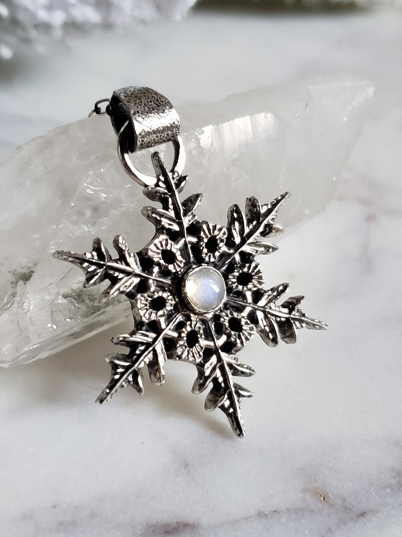 Silver snowflake pendant necklace with moonstone gem. Large Snowflake necklace Handmade collectors jewelry image 1