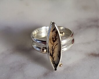 Dendritic agate statement ring in long marquise shape | Handmade Art jewelry | Metalsmith rings