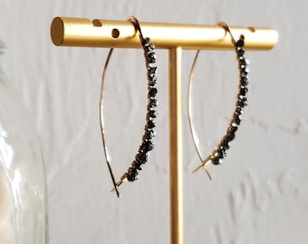 Raw Black Diamond Hoop Earrings – Gold Wire Hoops with Natural Diamonds, Minimalist Handmade Jewelry
