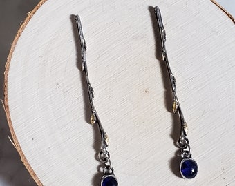 Sterling silver twig earrings with 24k gold keum-boo accents and Thai sapphires