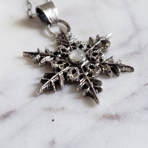 Silver snowflake pendant necklace with moonstone gem. Large Snowflake necklace Handmade collectors jewelry image 6