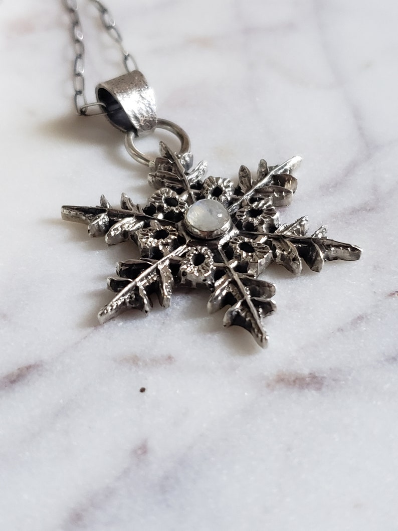 Silver snowflake pendant necklace with moonstone gem. Large Snowflake necklace Handmade collectors jewelry image 6