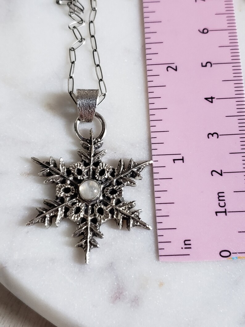 Silver snowflake pendant necklace with moonstone gem. Large Snowflake necklace Handmade collectors jewelry image 5