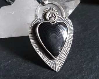 Psilomelane heart shaped pendant in sterling silver