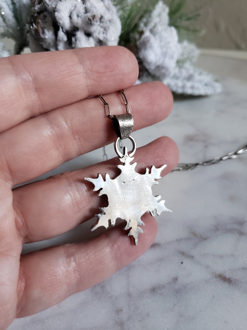 Silver snowflake pendant necklace with moonstone gem. Large Snowflake necklace Handmade collectors jewelry image 4