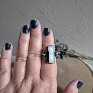 Handmade Moonstone Ring: Rectangular Stone with Rose Accents, Size 6.75