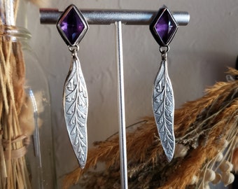 Amethyst diamond shaped stud botanical fern earrings | Handmade Art Jewelry | Silversmith Jewelry | Nature Jewelry | Dark aesthetic